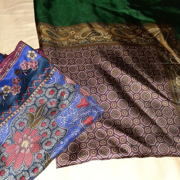 Silk scarf set square blue green brown Paisley floral classic boho luxe luxury - Picture 1 of 11